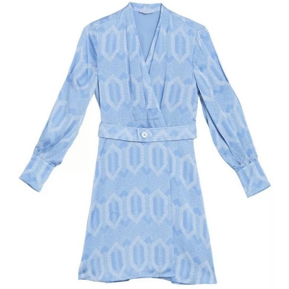 NWOT Equipment Fanetta Geo Printed Blue Long Sleeve Belted Wrap Dress 6 MSRP$425 - Picture 10 of 12